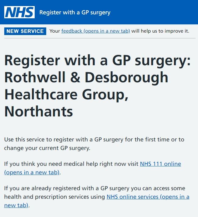 NHS Register with a GP Surgery webpage